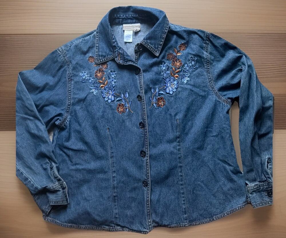 Coldwater Creek Floral Embroidered Denim Button Up Shirt Women’s 12 P
